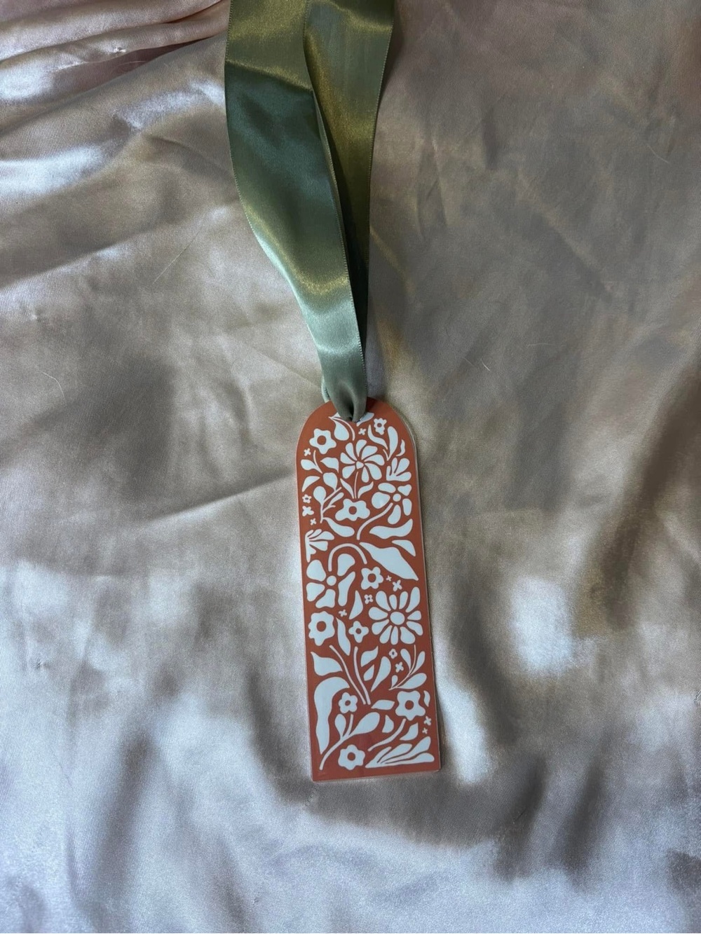 Floral Terracotta & White Bookmark with Green Satin Ribbon